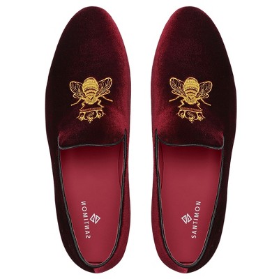 Santimon Mens Velvet Loafers Slip on Gold Embroidery Dress Shoes