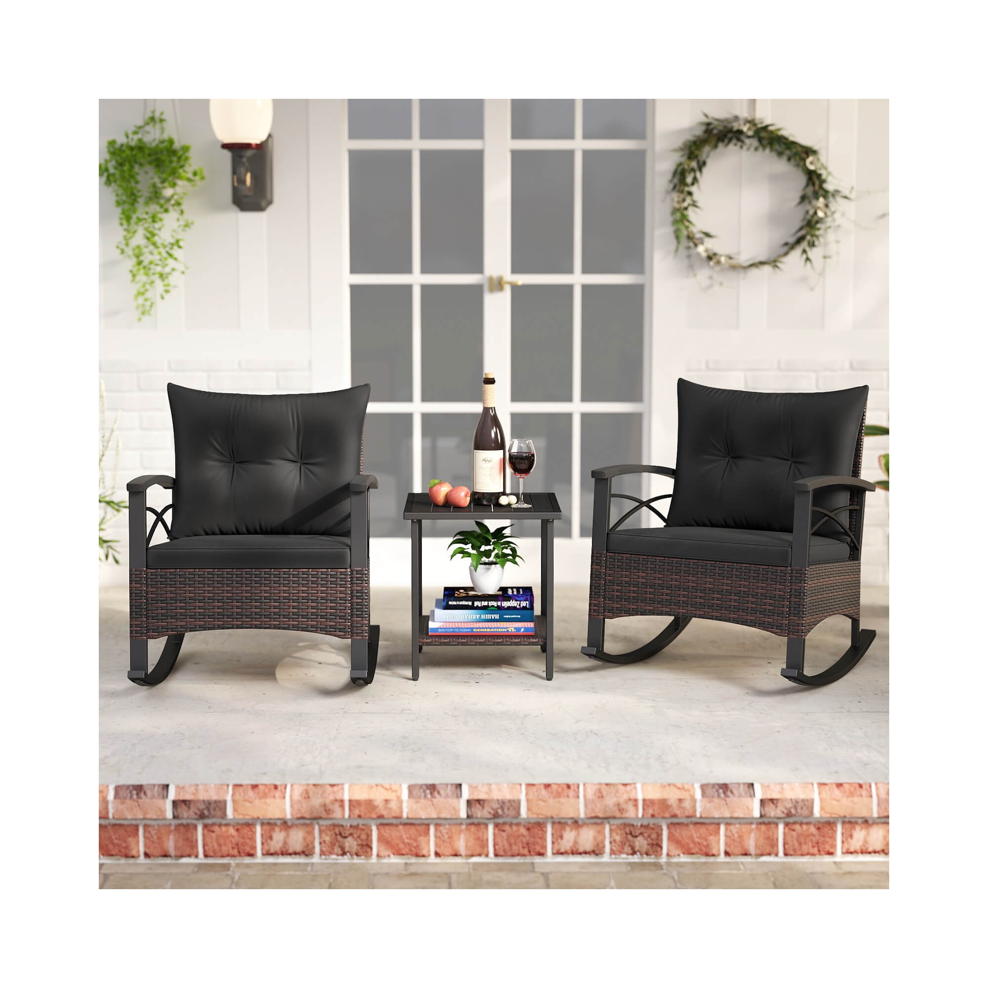 Costway 3 PCS Rattan Rocking Chair Set with Acacia Wood Tabletop Armrests for Porch, Balcony Mix Brown + Black