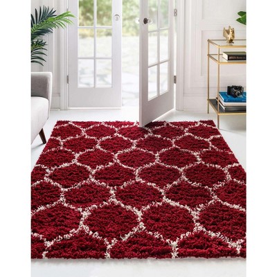 Burgundy Red Square Trellis Shag Synthetic Area Rug