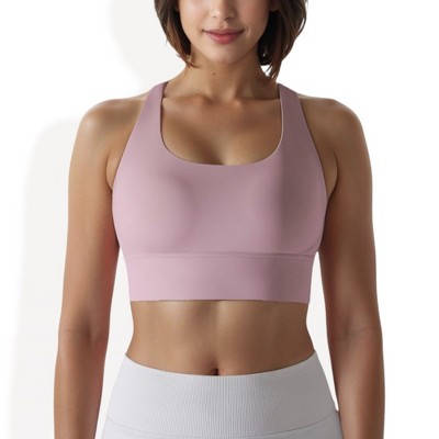 Anna-Kaci Women's Scoop Neck Stretchy Cropped Banded Criss Cross Back Sports Bra- Small, Pink