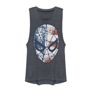 Juniors Womens Marvel Fourth of July  Spider-Man American Flag Mask Festival Muscle Tee - 1 of 3