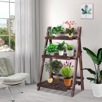 Costway 3 Tier Outdoor Wood Design Flower Pot Shelf Stand Folding Display Rack Garden