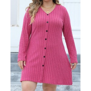 Women's Plus Size V-Neck Mini Dress A-Line Button Detail Ribbed Knit Stretch Long Sleeve Dresses - 1 of 4