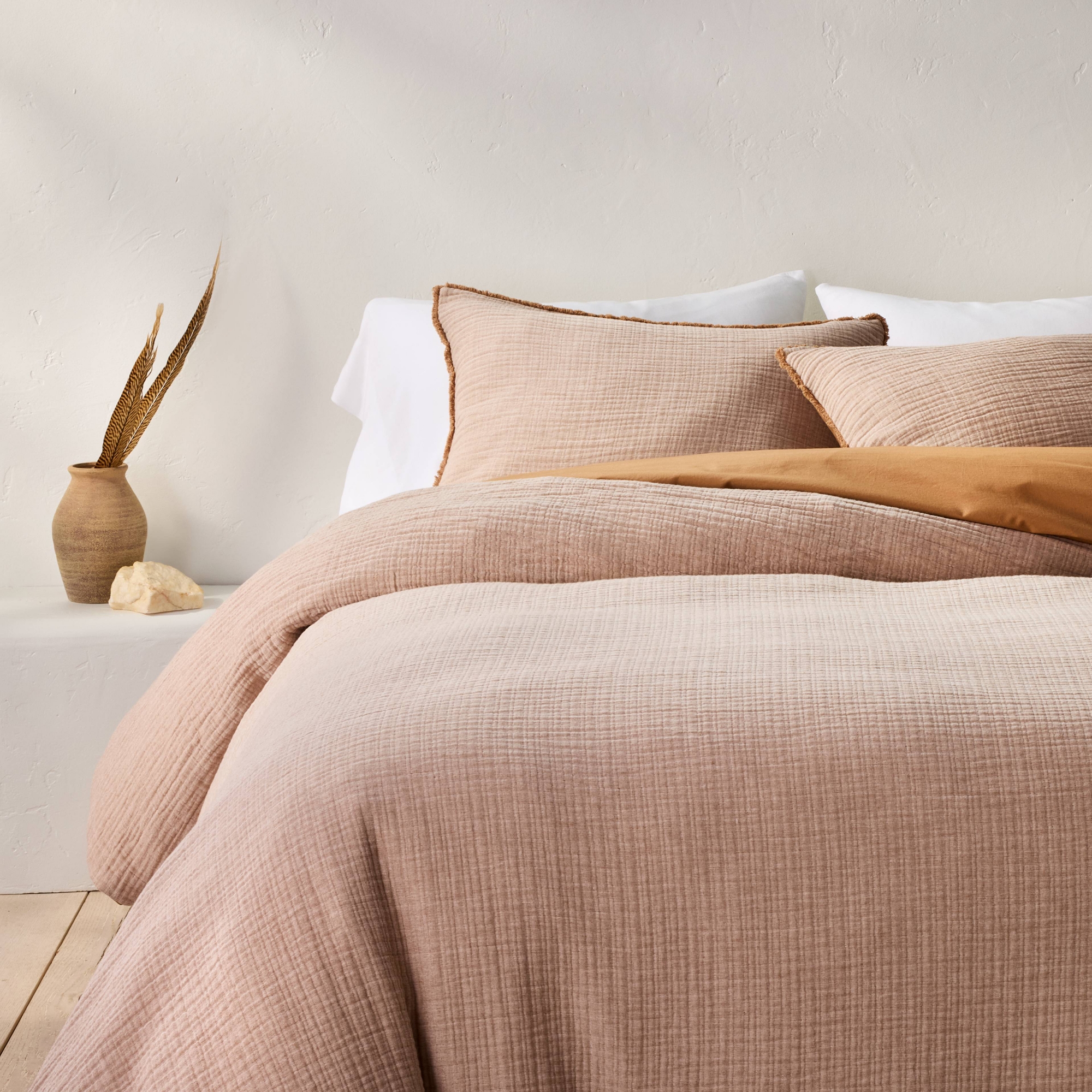 King Textured Chambray Cotton Duvet & Sham Set Warm Brown - Casaluna™