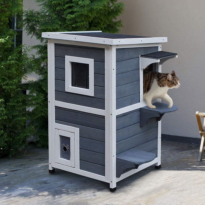 PawHut Solid Wood 2-Floor Cat Condo Kitten Shelter with Window, 3 of 9