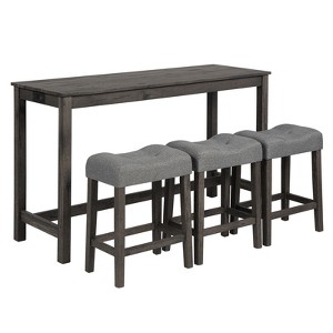 Gulches 4-Piece Bar Table Set with Power Outlet - 59"L Dark Gray Faux Wood Table + 3 Padded Linen Stools, USB/Type-C Ports, Multi-Use - 1 of 4