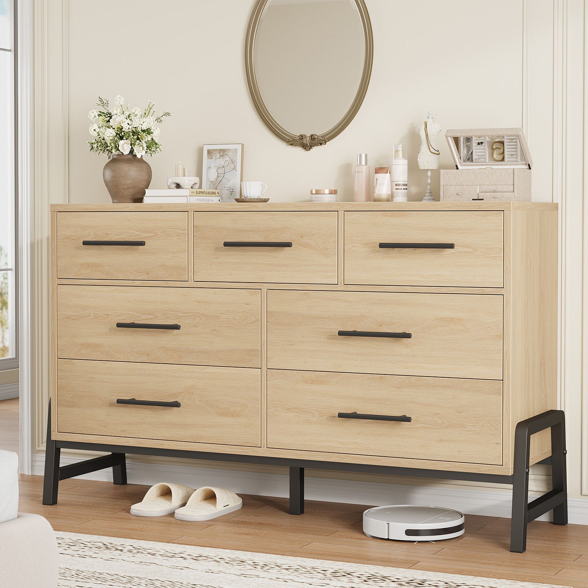 7 Dresser for Bedroom, 52" Wide Dresser, Wide Drawer with Storage Freestanding, Wooden Closet Storage Chest for Living Room, Bedroom, Natural + Black