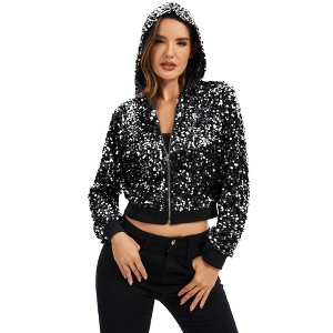 Anna-Kaci Women's Sequin Zip-Up Hooded Jacket with Ribbed Hem and Long Sleeves for Party Wear - 1 of 4