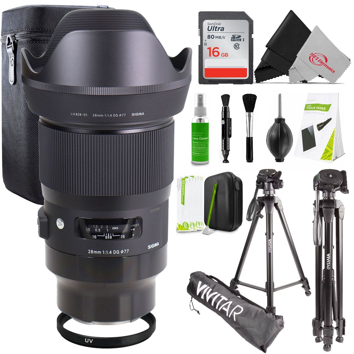 Sigma 28mm f/1.4 DG HSM Art Lens (Sony E) + 77mm UV Filter + 16GB Memory Card + 62" Tripod Bundle