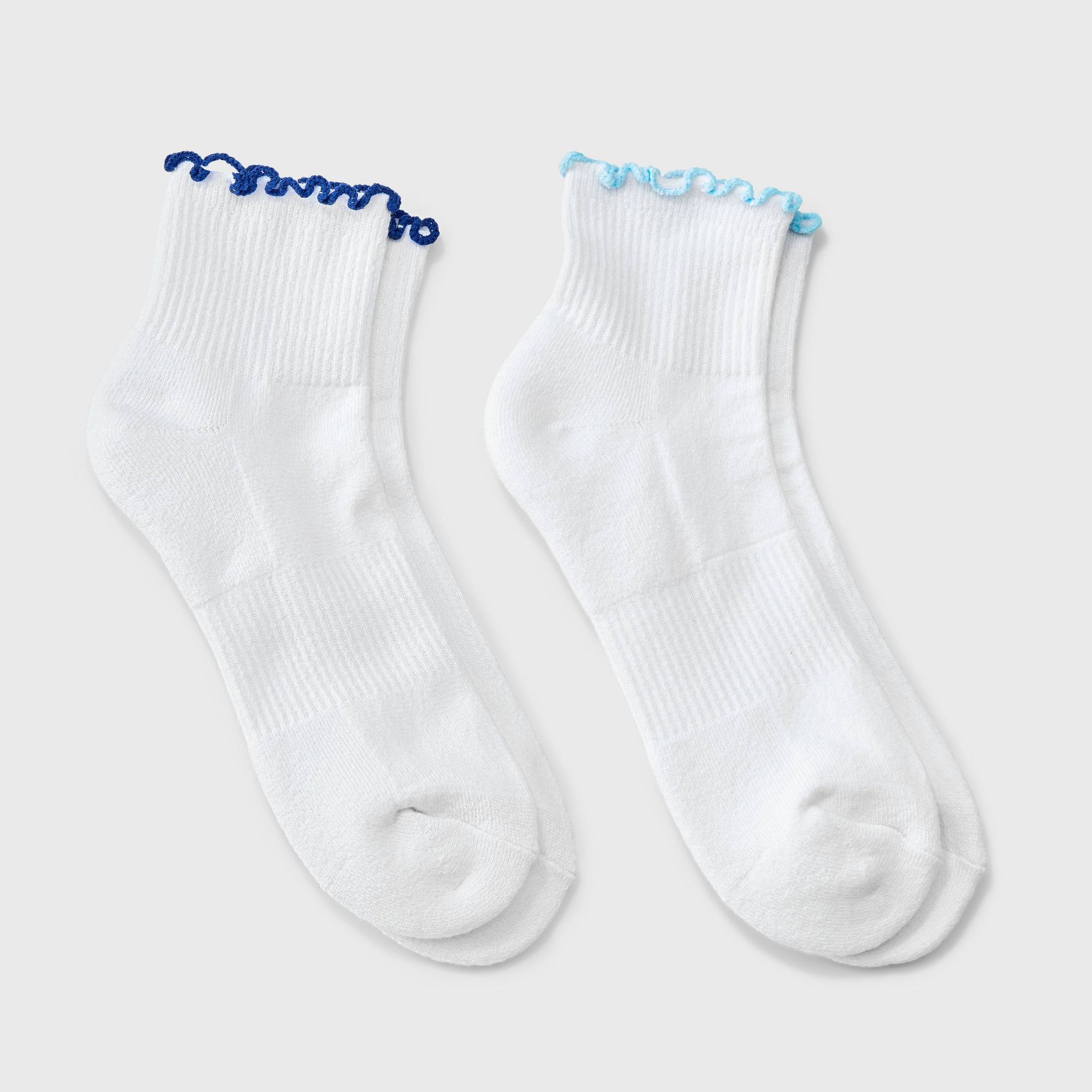 Women's Lettuce Edge Cushioned 2pk Ankle Socks - JoyLab™ White/Blue/Navy 4-10