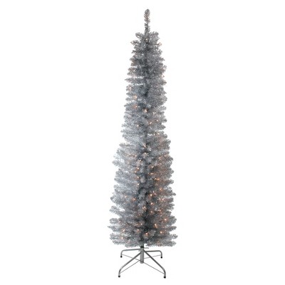 Northlight 6' Prelit Artificial Christmas Tree Pencil Silver Tinsel - Clear Lights