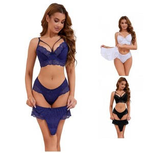 INSPIRE CHIC Women's 3 Sets Cross Straps Full Coverage Bralette and Panty Mesh Floral Lace Underwear Set - 1 of 4