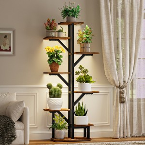 Bekrvio 8 Tier Indoor Plant Stand w/4 Grow Lights,60.83" Tall Corner Shelf w/Enlarged Wood, Metal Tree Rack for Living Room, Patio, Balcony - 1 of 4