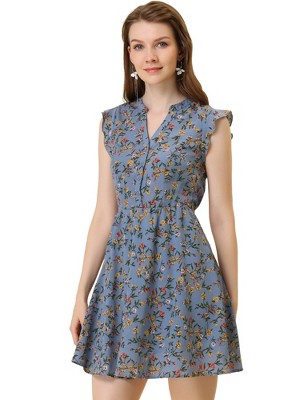 INSPIRE CHIC Women's V-Neck Ruffle Cap Sleeve A-Line Floral Chiffon Dress
