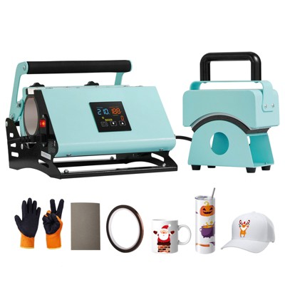 VEVOR 2 in 1 Tumbler and Hat Heat Press Machine, Mini Hat Heat Press for Caps and Hats, Tumbler Heat Press, Temperature and Time Control, Green