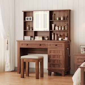 Vanity Desk with Mirror and Adjustable Lights, Makeup Vanity Desk with Drawers, Built-in Power Outlet & USB, Makeup Table for Bedroom - 1 of 4