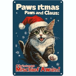 Lomsoe Funny Cat Christmas Sign ¨C ¡°Paws-itmas & Paws and Claus¡± 8x12 Inch Vintage Metal Tin Sign, Cute Holiday Wall Decor and Gift for Cat Lovers - 1 of 4