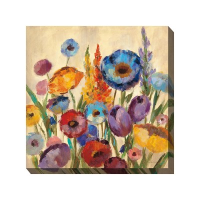 Cottage Garden West of The Wind Jovial Blooms Blue, Red, Yellow 24 x 24 Inch Waterproof Gallery Wrapped Canvas, Outdoor Garden, Yard, Patio All