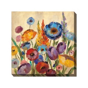 Cottage Garden West of The Wind Jovial Blooms Blue, Red, Yellow 24 x 24 Inch Waterproof Gallery Wrapped Canvas, Outdoor Garden, Yard, Patio All - 1 of 2