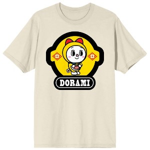 Doraemon Dorami Standing Pose on Yellow circlular frame, Dorami Logo on natural Short Sleeve Adult T-Shirt - 1 of 3