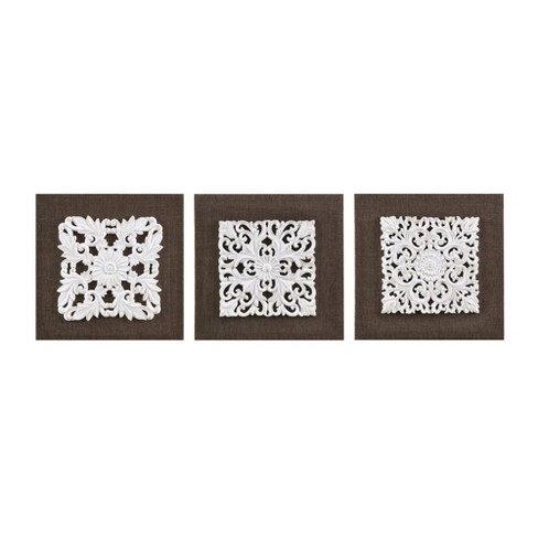 set Of 3) 12 Square Mandala Trinity 3d Embellished Linen Canvas Wall Art  White/brown : Target