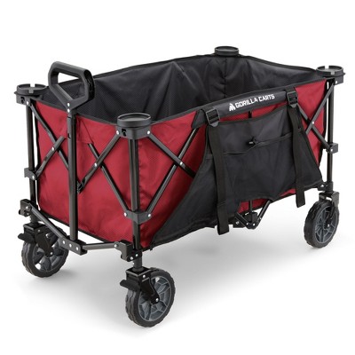 Gorilla Carts 7 Cubic Feet Foldable Collapsible Durable All Terrain Utility Pull Beach Wagon with Oversized Bed and Built In Cup Holders, Red