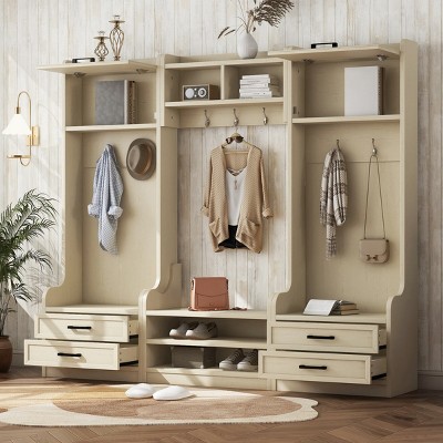 FURNIinspire Hall Trees Detachable Hall Tree Multifunctional Hallway Coat Rack Clothes Rack with 7 Hooks, Storage Drawers, Beige, 15.6"*78"*70"