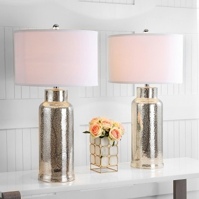 Silver Mercury Glass Bottle Table Lamp Set with White Drum Shades