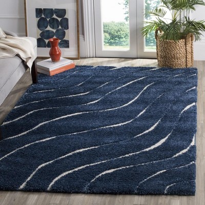 Dark Blue and Cream Round Shag Rug, 4' x 6', Synthetic