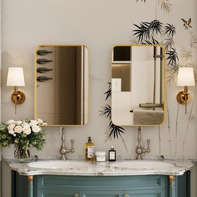 VYNXARIA 16x24 Inch Recessed Medicine Cabinet with Mirror & Adjustable Shelves in Matte Gold.