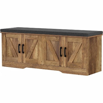 2-Tier Storage Bench with Padded Seat & Barn Doors - Entryway Shoe Organizer with Adjustable Shelf, Functional and Stylish