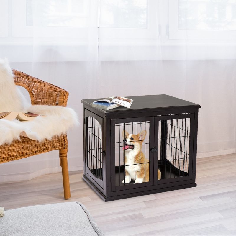 PawHut 26" Wooden Dog Crate, Furniture Style Pet Cage Kennel, End Table, with Lockable Double Door Entrance, and Top Shelf, 4 of 14