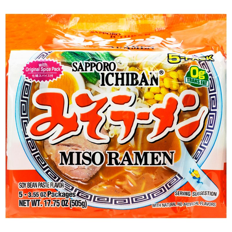 Sapporo Ichiban Soy Bean Paste Miso Ramen Noodle Soup - 17.75oz/5ct, 1 of 5