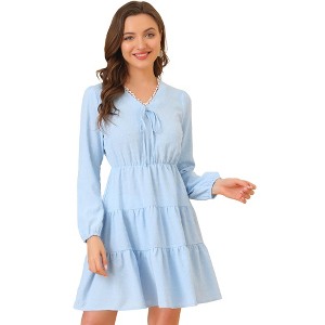 INSPIRE CHIC Women's Puff Sleeve V Neck A-Line Tiered Swiss Dots Dress - 1 of 4