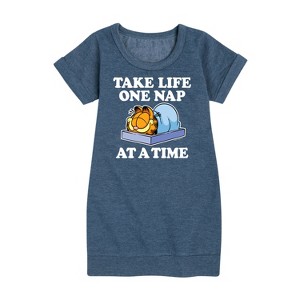 Girls' - Garfield - Take Life One Nap Graphic Short Sleeve Fleece Dress - 1 of 4