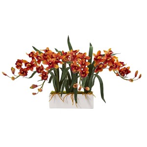 Nearly Natural 15-in Cymbidium Artificial Arrangement in White Vase - 1 of 3