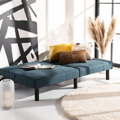 Contemporary Navy Tufted Twin Sleeper Sofa with Natural Wood Legs
