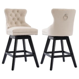 SKRAN Velvet Swivel Bar Stools, Upholstered Counter Chairs Set of 2, with Rivet Trim, Solid Wood Legs and Button Tufted Back for Dining Room and Bar - 1 of 4