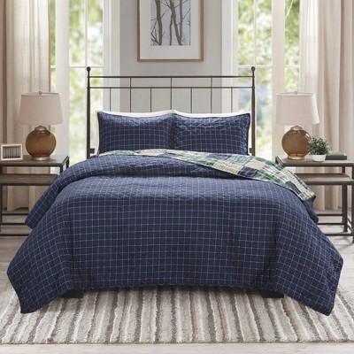 King Green and Navy Reversible Microfiber Quilt Set