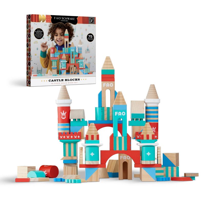 FAO Schwarz Toy Wood Castle Blocks 75pc Sprout, 1 of 10
