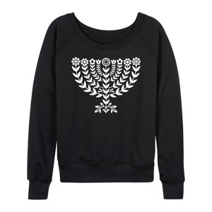 Women's - Instant Message - Floral Menorah Lightweight French Terry Wide Neck Long Sleeve Graphic Shirt - 1 of 4