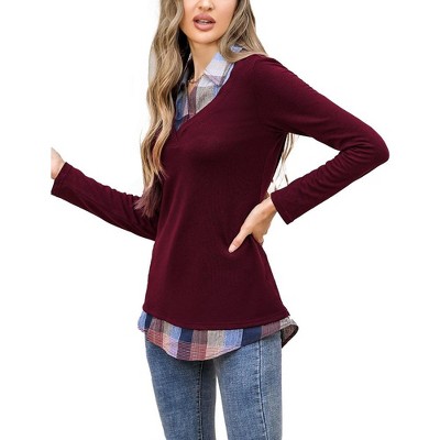 WhizMax Women's Long Sleeve Contrast Collared Shirts Patchwork Work Blouse Tunics Tops