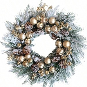 Artificial Wreath Front Door 24 Inch Winter Farmhouse Decor with Pine Needles Pine Cones and Gold Ball Indoor Outdoor Holiday - 1 of 4