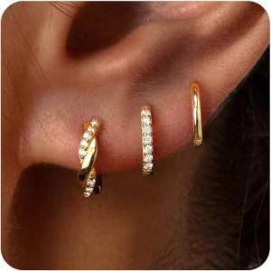 Small Sterling Silver Huggie Hoop Earrings Set for Women, 14K Gold Plated Hoops Stacks for Multiple Piercings - 1 of 4