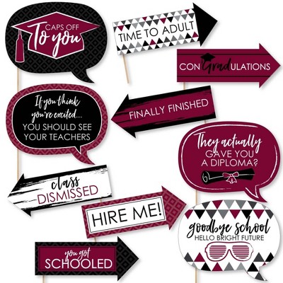Big Dot of Happiness Funny Maroon Graduation Party Photo Booth Props Kit - 10 Piece