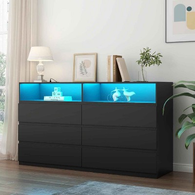 Vipbear 6-Drawer Double Dresser, Wide Storage Chest with Open Shelving,Black