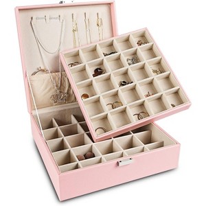 2-Layer Earring Holder with 50 Slots, PU Leather Jewelry Organizer & Storage Box for Earrings and Necklaces, Black - 1 of 4