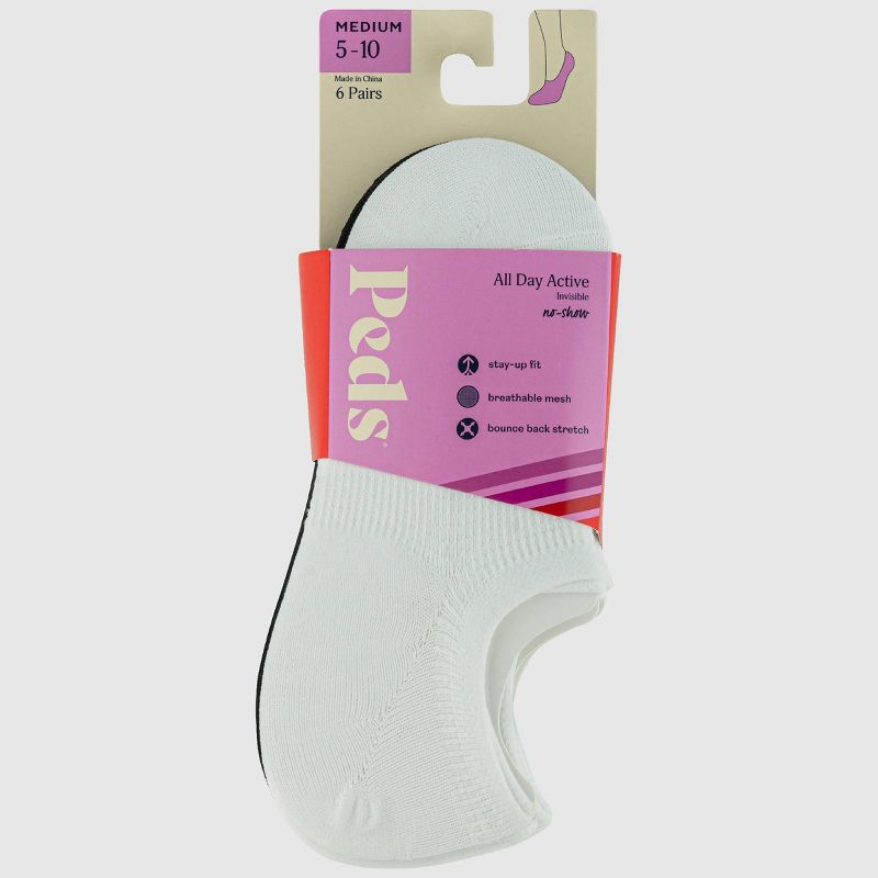Peds All Day Active Women&#39;s 6pk Ultra Low Liner Athletic Socks - Black/White 5-10, 2 of 5