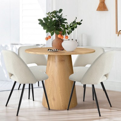 Dwen+Edwin 5-Piece Dining Table Set for 4, 35" Manufactured Oak Grain Table with 4 Upholstered Boucle Chairs for Dining Room - Maison Boucle