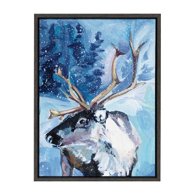 Majestic Reindeer in Snow Christmas Canvas Wall Art, 18x24, Gray Frame